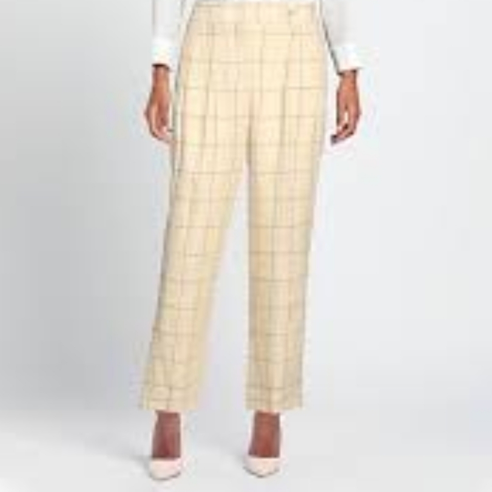90's vintage Irish Linen Pleated windowpane check high rise pants Butter Yellow